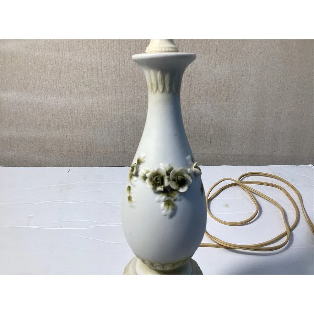 vintage Japanese porcelain lamp applied three dimensional flowers 13.5”